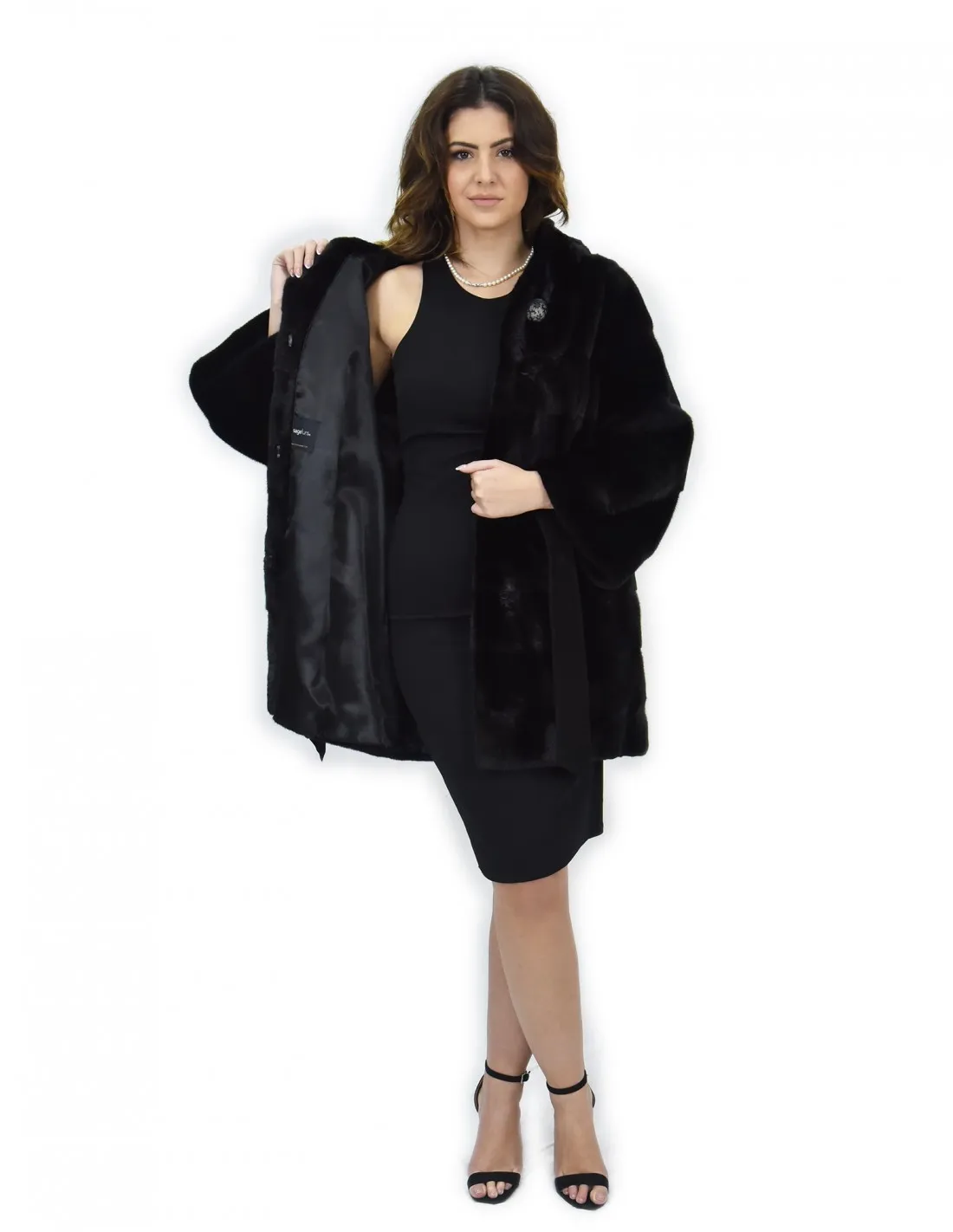 Cappotto nero 50 pelliccia di visone cappuccio cintura pelle manica lunga 