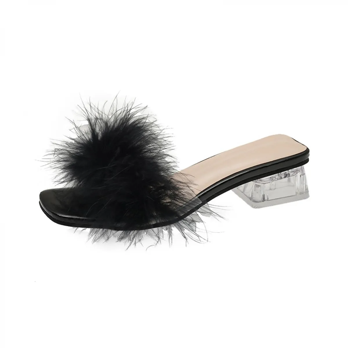 New Summer Fluffy Peep Toe Tacchi alti Scarpe da donna Pelliccia Piuma Lady Fashion Wedding Slip On Sandalo da donna con punta q